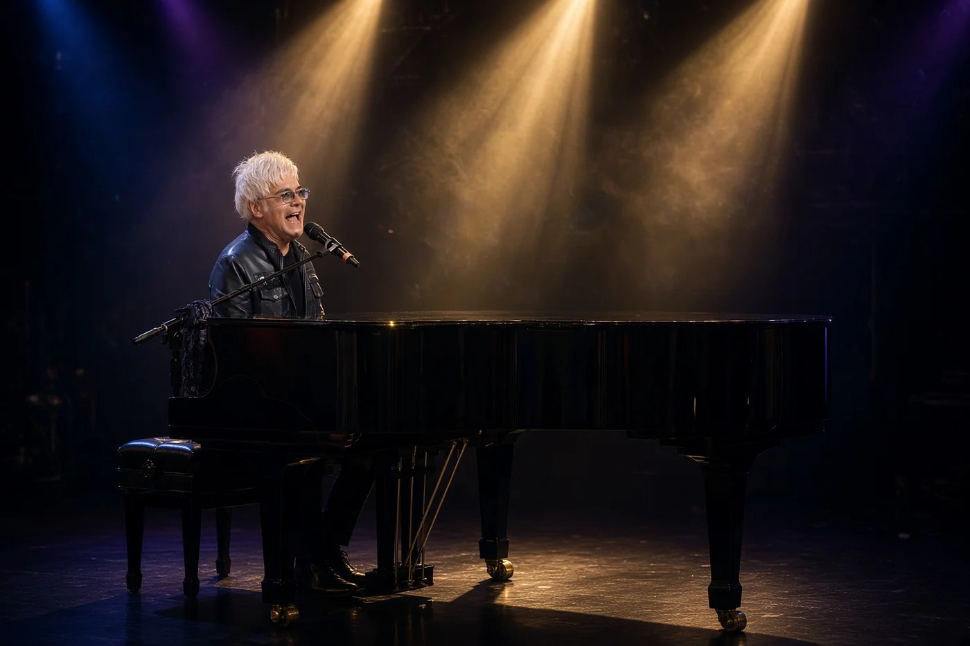 Marcello Cirillo al piano a coda, luci teatrali